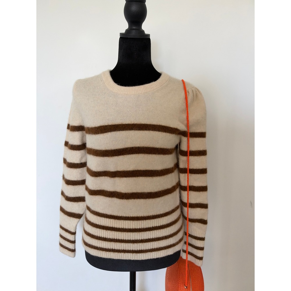 Banana Republic Womens Cream Brown Striped Puff Shoulder Crewneck Sweater Size M